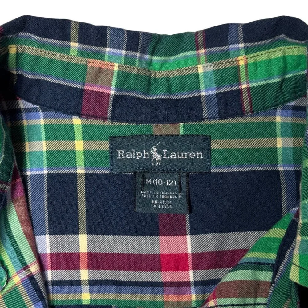 Ralph Lauren Boys Plaid Shirt Sz. M 10-12 Green Button Down 100% Cotton Pony